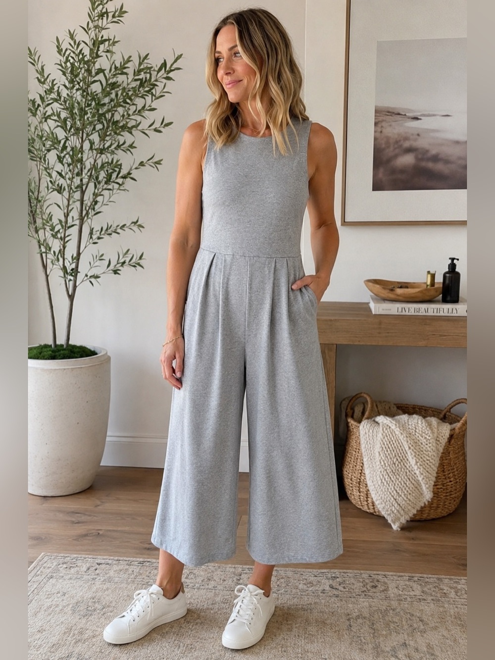 Eileen Fisher Organic Cotton Speckled Knit Wide Leg Cropped Jumpsuit Gray S
